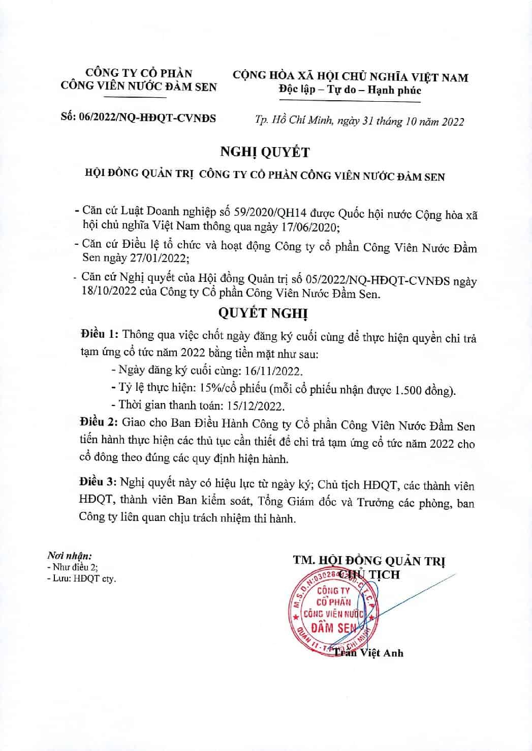 CV 06 NQ HDQT DSN tam ung dot 1 chi co tuc 15 bang tien mat pdf