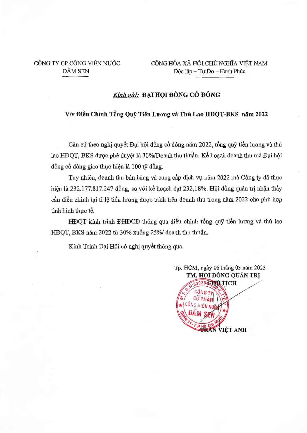 12 To trinh dieu chinh Tong QL va Thu lao HDQT va BKS 2022 pdf