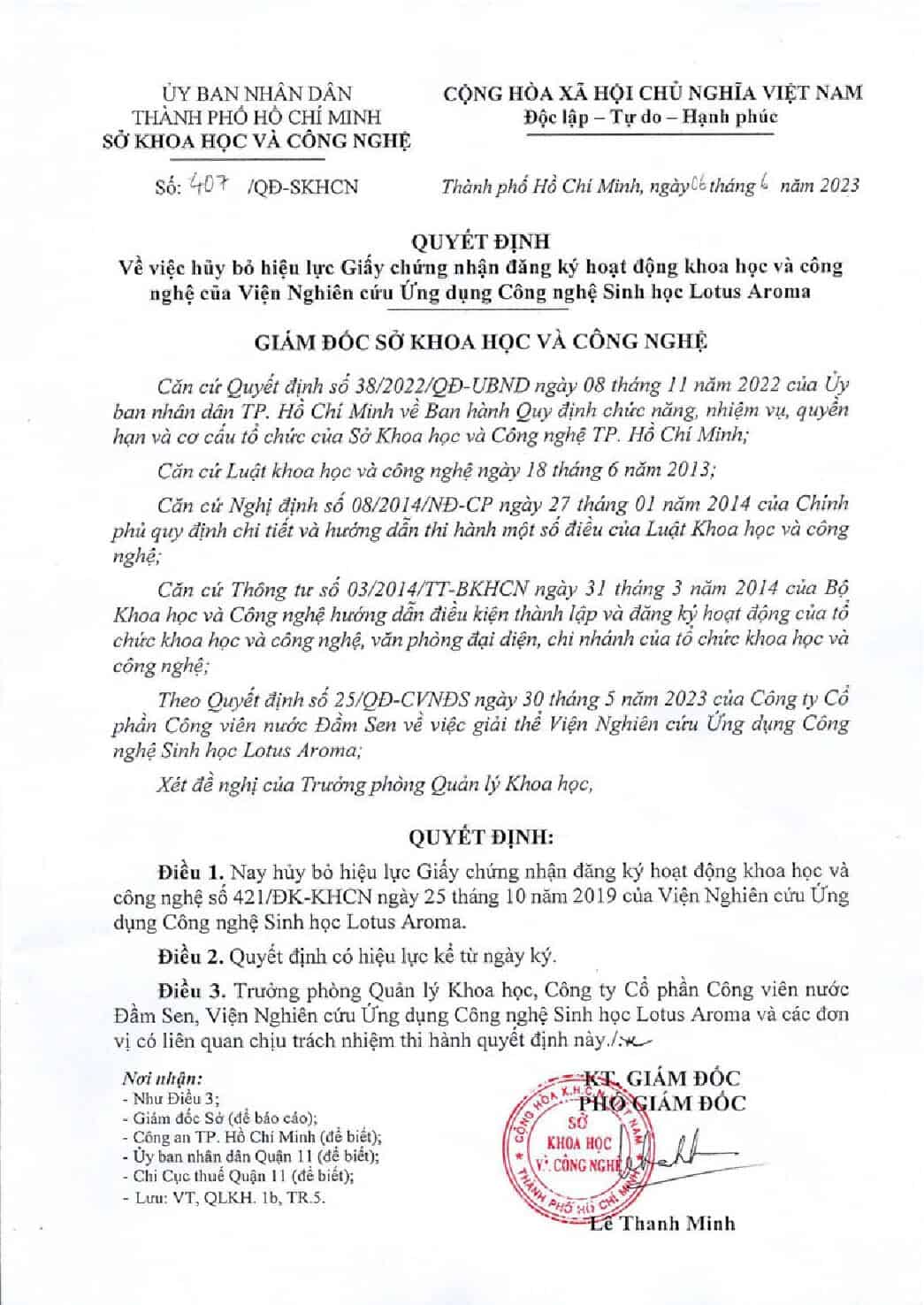 Cty thong bao Cty con LAABI QD so 407 huy bo hieu luc GCN hoat dong pdf