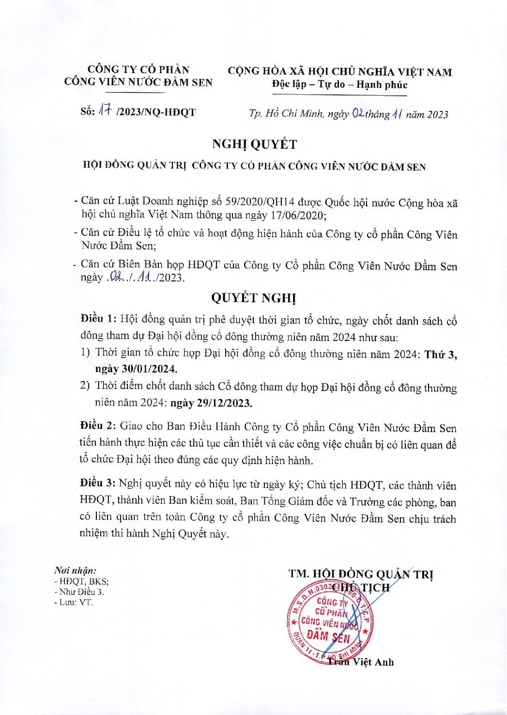 DSN NQ HDQT so 17 2023 thongnhatthoigian chot danh sach co dong de tham du DHDCDTN 20224 pdf