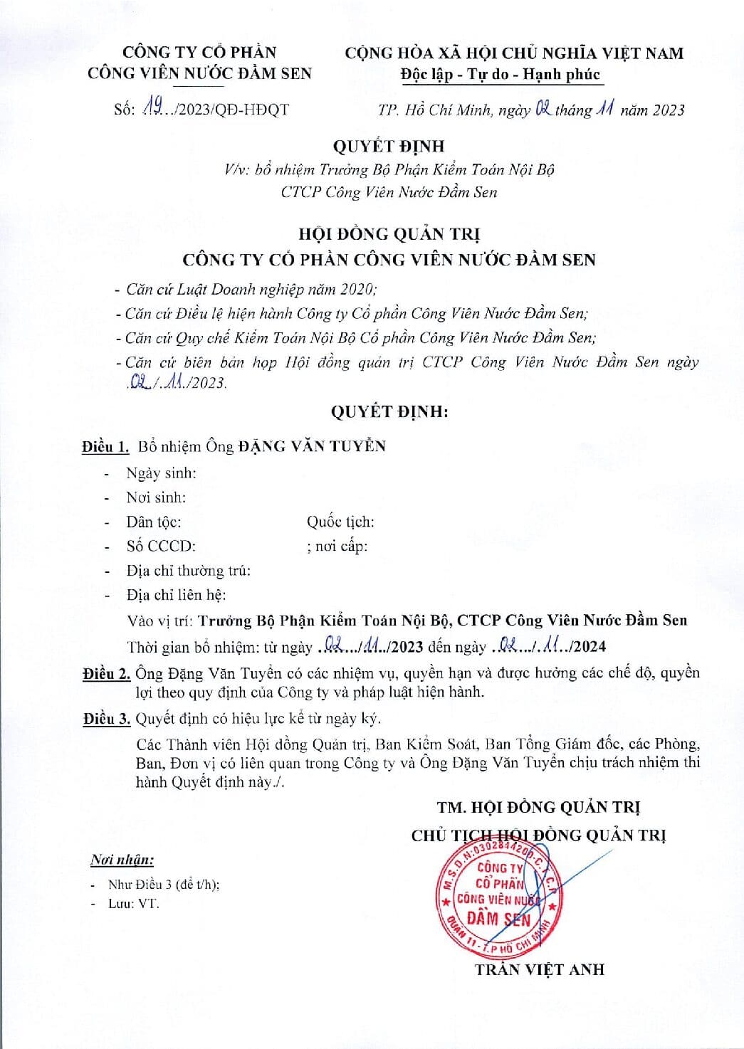 DSN QD HDQT Bo nhiem TBP Kiem toan noi bo 19 2023 pdf