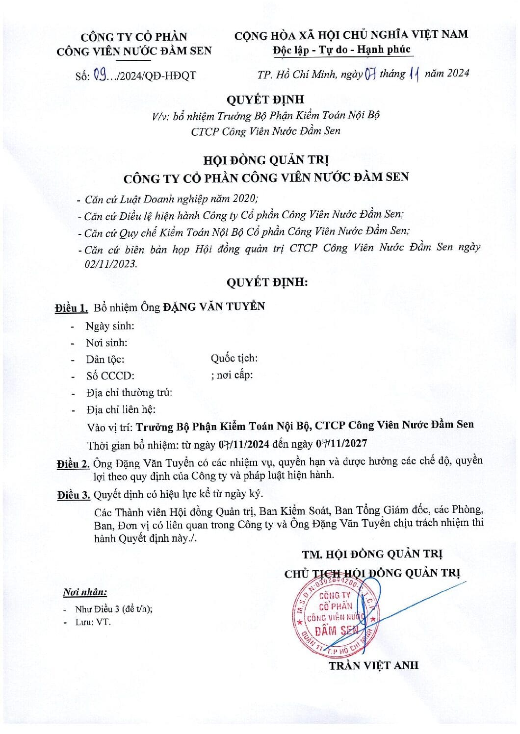20241107 DSN thay doi nhan su QD HDQT 09 bo nhiem truong bo phan KTNB. webdsn pdf