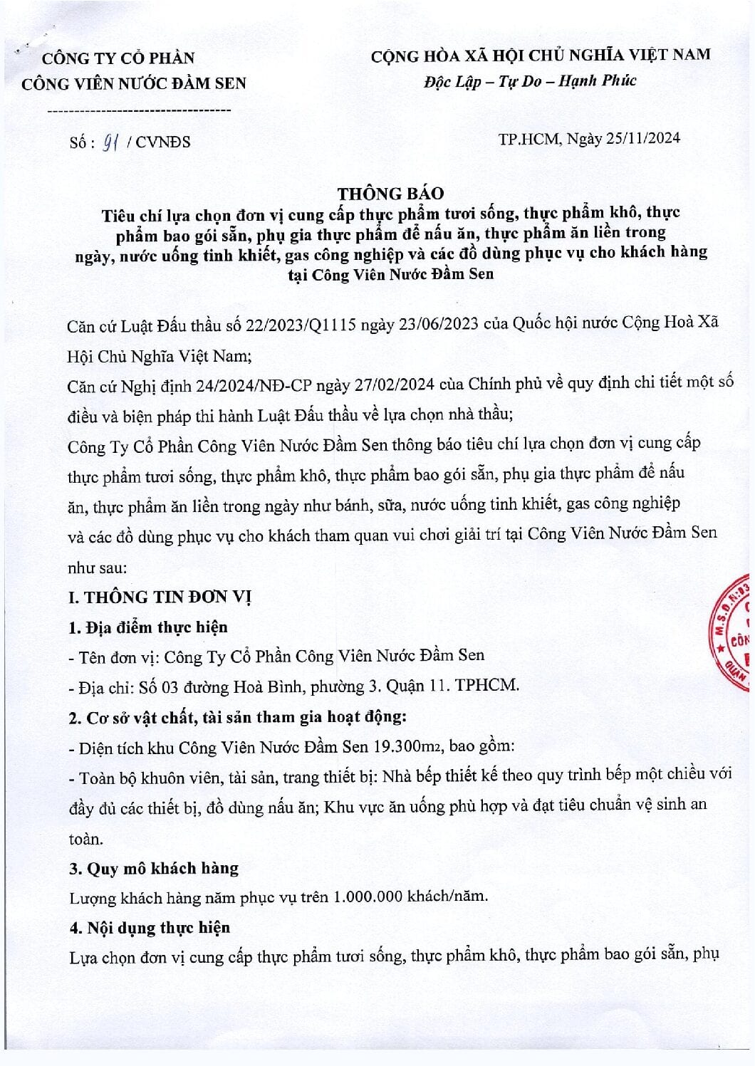 Thong bao tieu chi lua chon don vi cung cap thuc pham tai Dam Sen Nuoc pdf