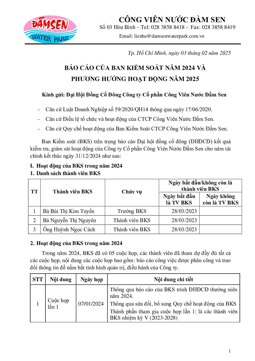 6. Bao cao cua Ban kiem soat ve hoat dong 2024 va phuong huong 2025 V E webdsn pdf
