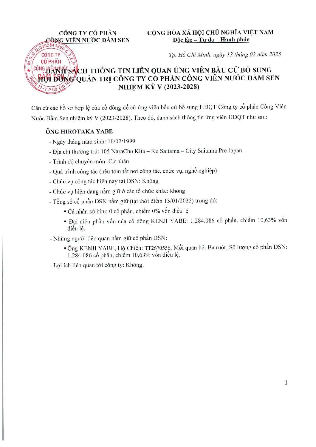 C Danh sach thong tin lien quan ung vien bau cu bo sung hoi dong quan tri cong ty co phan cong vien nuoc Dam Sen Nhiem ky V 2023 2028 pdf