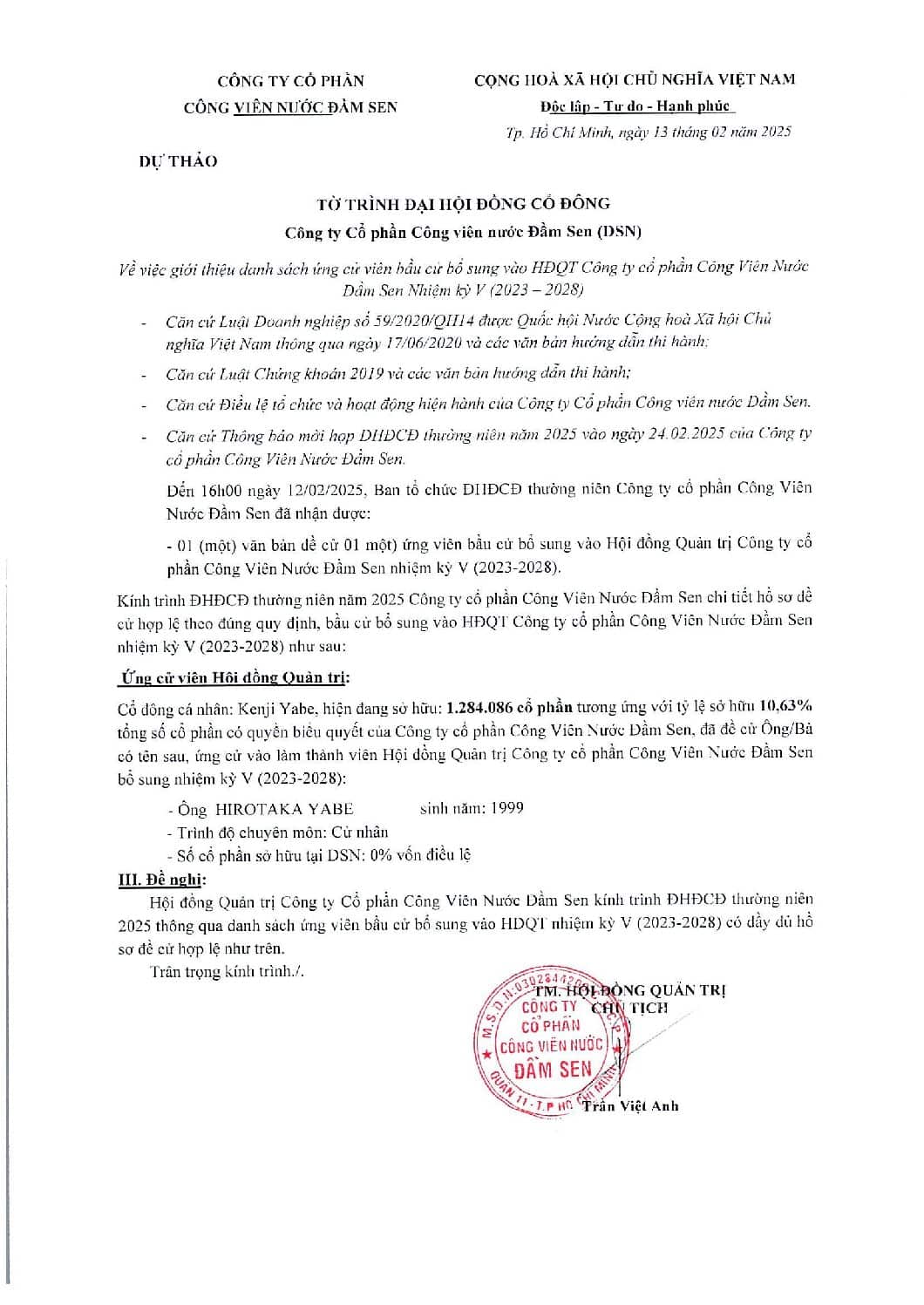 b To trinh Ve viec gioi thieu danh sach ung cu vien bau cu bo sung vao HDUT Cong ty co phan Cong vien nuoc Dam Sen nhiem ky V 2023 2028 pdf