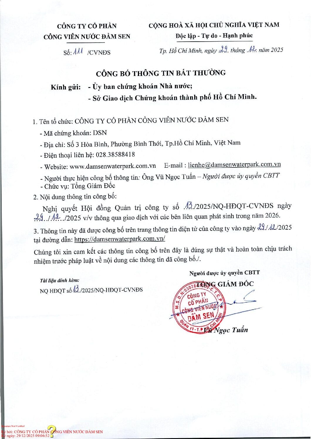 20251229 DSN CBTT BT NQ HDQT so 13 29.12.25 v.v giao dich voi cac ben lien quan nam 2026.daky pdf
