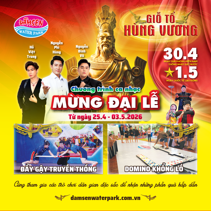 Poster thông báo chương trình ca nhạc mừng đại lễ 30/4 và 1/5 năm 2026 tại Đầm Sen Water Park với sự tham gia của ca sĩ Hồ Việt Trung, Nguyễn Phi Hùng.